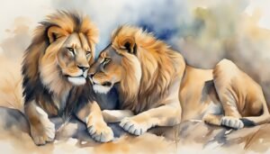 Watercolor painting of two lions facing each other.