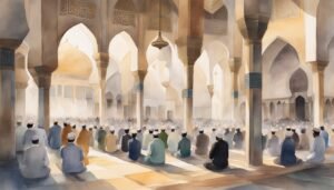 Watercolor of people praying in grand mosque interior.