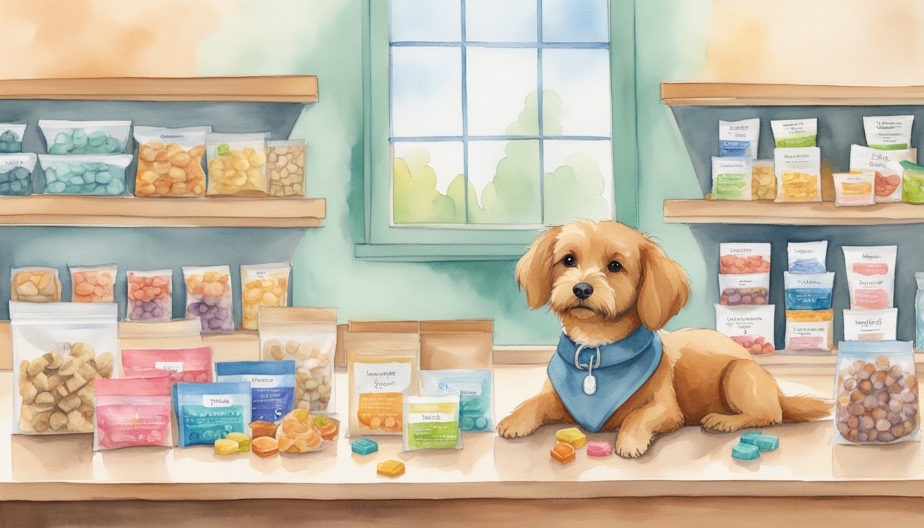 Dog surrounded by colorful dog treats in store.