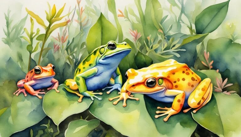 Colorful watercolor painting of three frogs in nature.