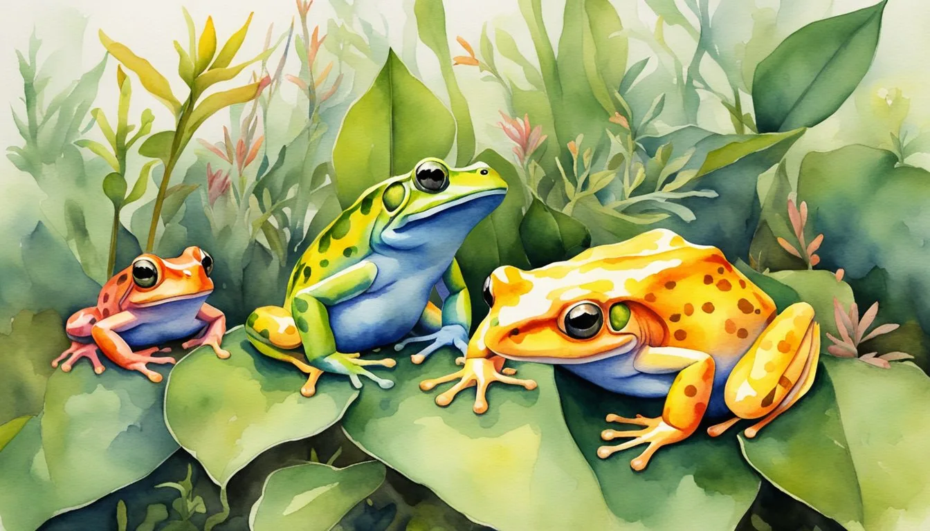 Colorful watercolor painting of three frogs in nature.