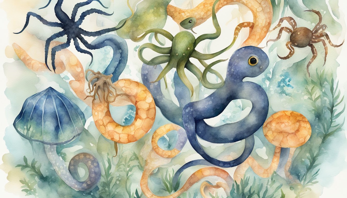 Colorful watercolor ocean creatures illustration.