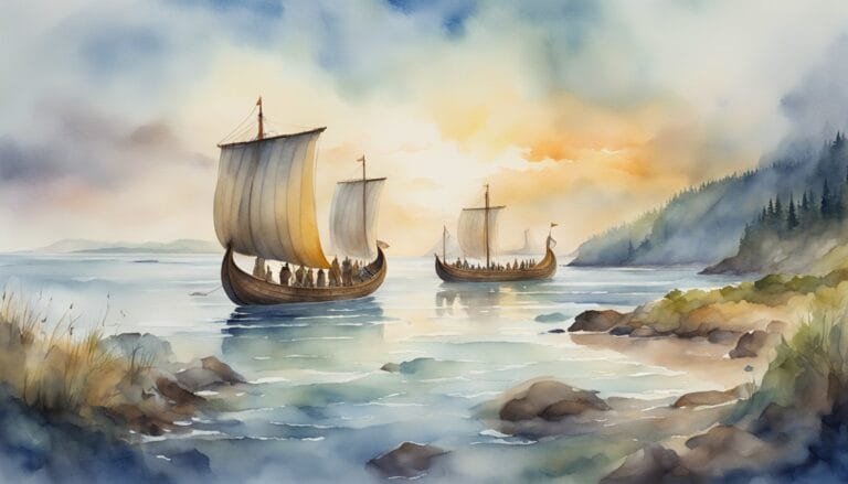 Watercolor painting of Viking ships sailing at sunset.