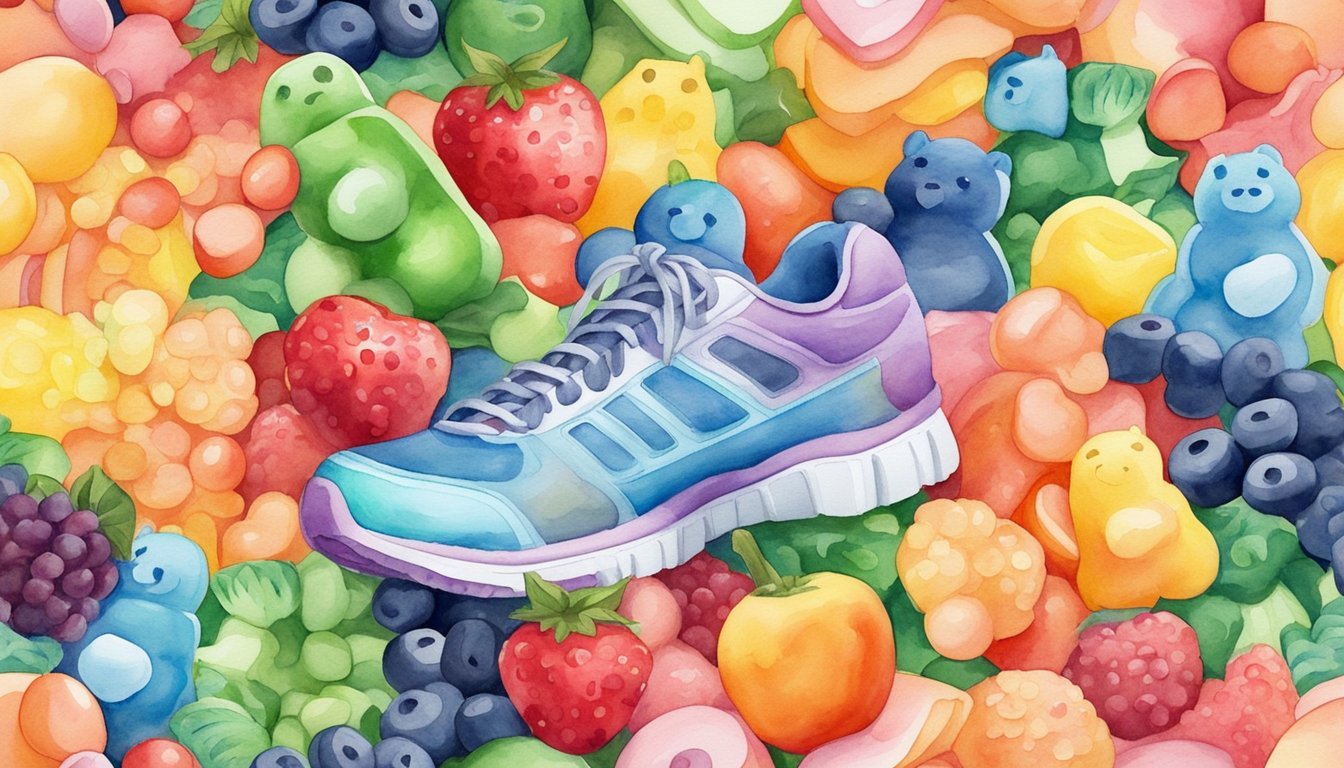 Colorful watercolor of sports shoe amid fruit and candy gummies.