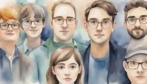 Watercolor painting of seven diverse young people.
