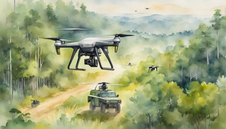 Drones monitoring vehicle in forested landscape watercolor painting.