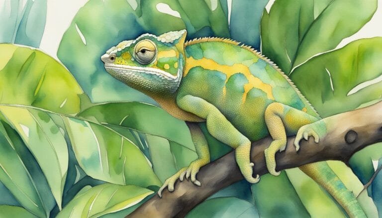 Colorful chameleon on branch in watercolor style.
