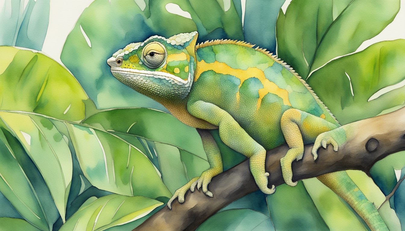 Colorful chameleon on branch in watercolor style.