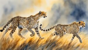 Two cheetahs running through grassy savannah.