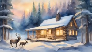 Snowy cabin with deer at dusk in forest.