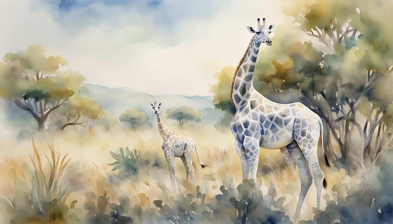 Watercolor painting of giraffes in misty savannah landscape.