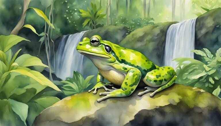 Green frog on rock by waterfall in forest.