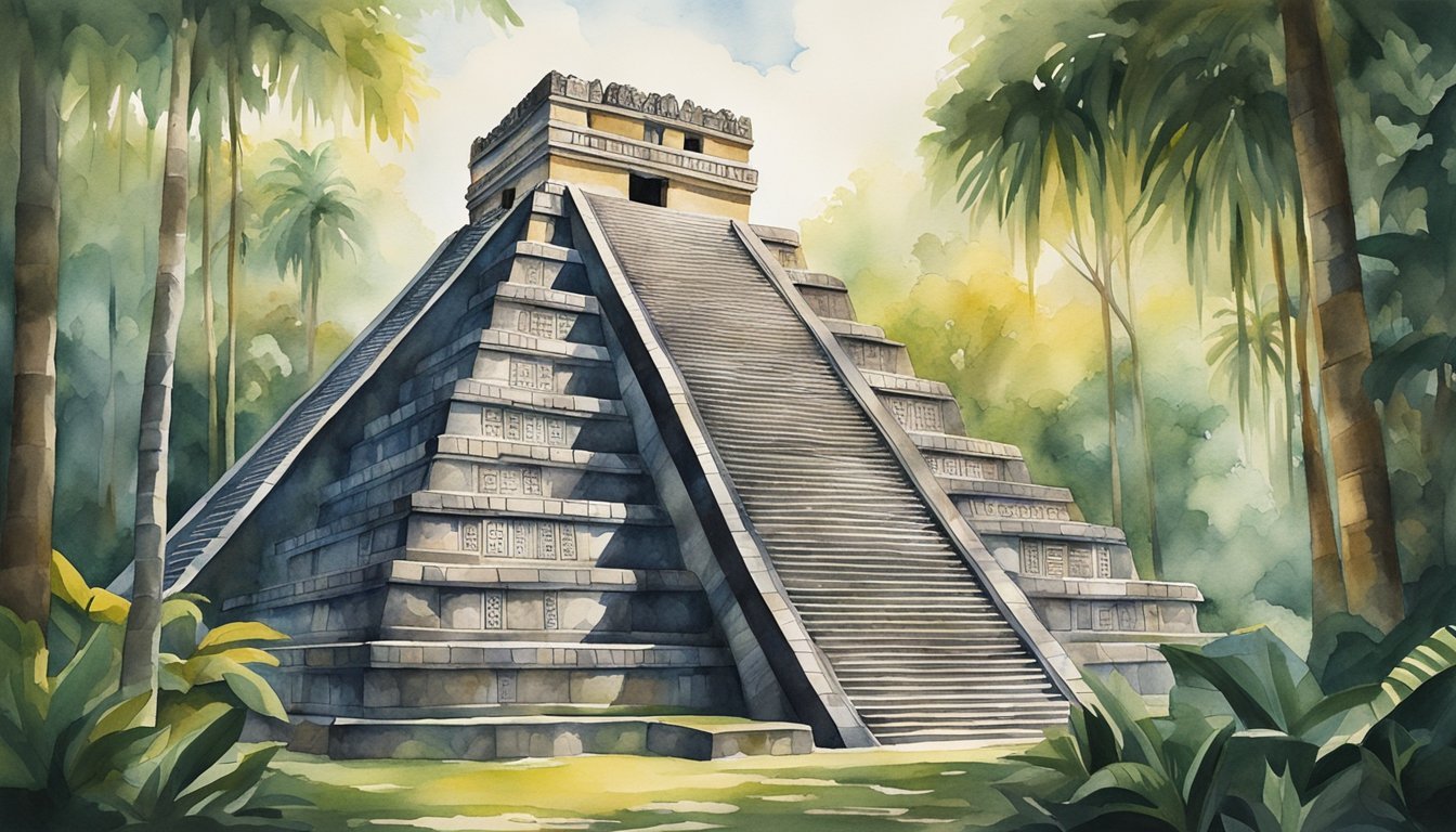 Watercolor painting of ancient Mayan pyramid in lush jungle.