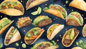 Watercolor illustration of assorted tacos with fresh toppings.