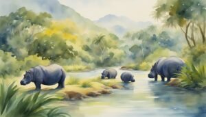 Hippos in river with lush, tropical jungle background.