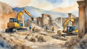 Workers and excavators at archaeological site with mountain backdrop.