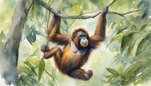 Orangutan swinging on branch in lush forest.