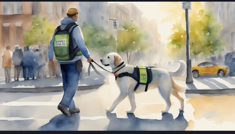 Man with service dog crossing urban street.