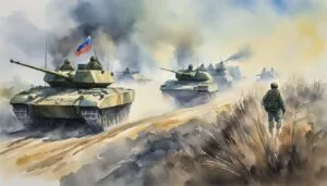 Watercolor painting of military tanks and soldier in field.