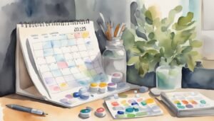 Art supplies and calendar on artist’s desk.