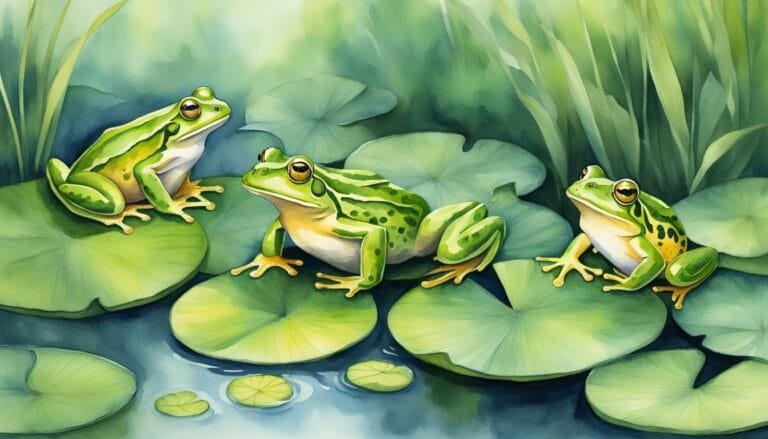 Three green frogs on lily pads, watercolor illustration.