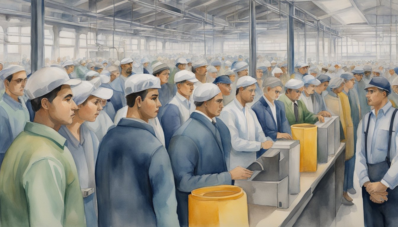 Workers in factory assembly line, observed by supervisor.