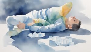 Watercolor painting of a sleeping child with toy blocks.