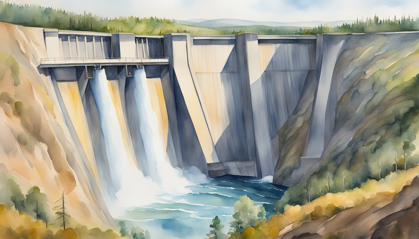 Watercolor painting of dam releasing water into river.