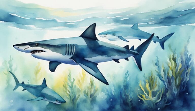 Watercolor painting of sharks swimming underwater.