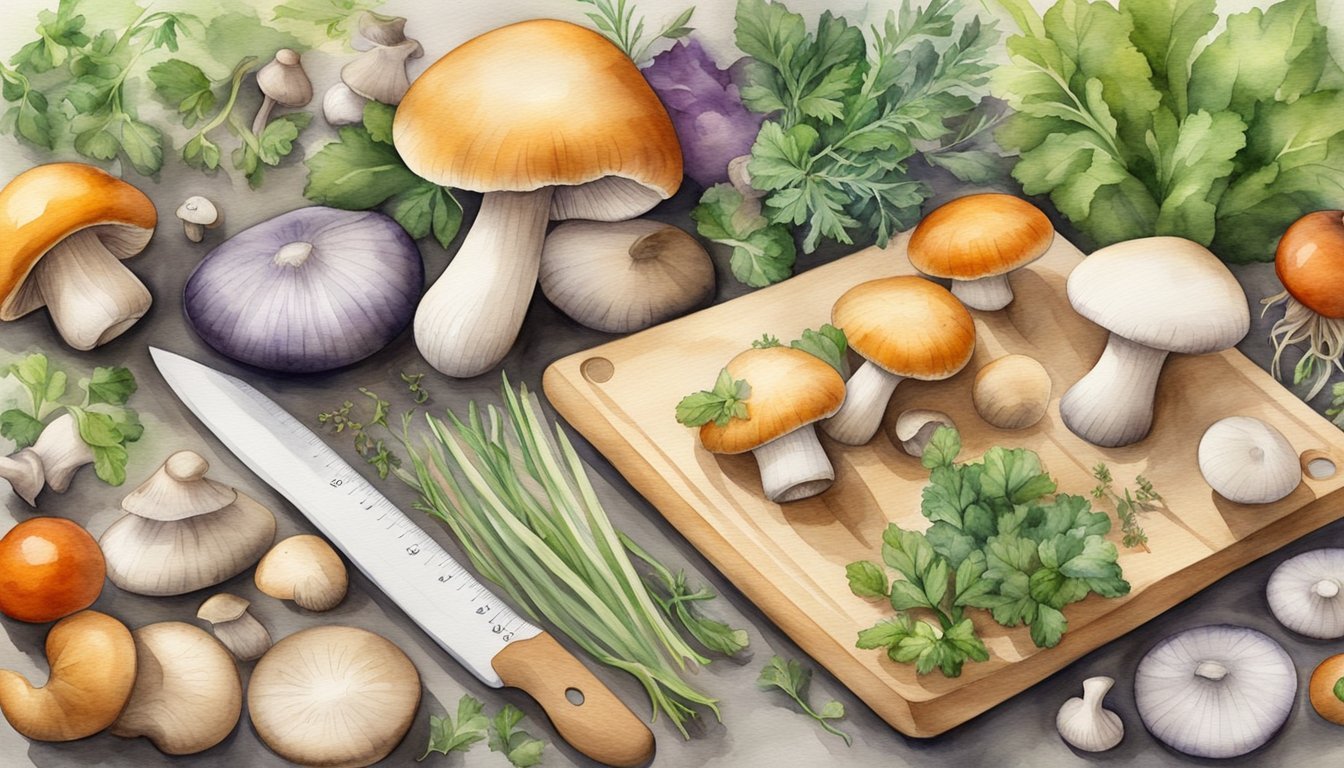 Watercolor illustration of mushrooms and herbs on cutting board.