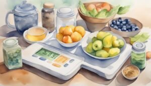 Watercolor painting of diverse fresh fruits and kitchen scales.