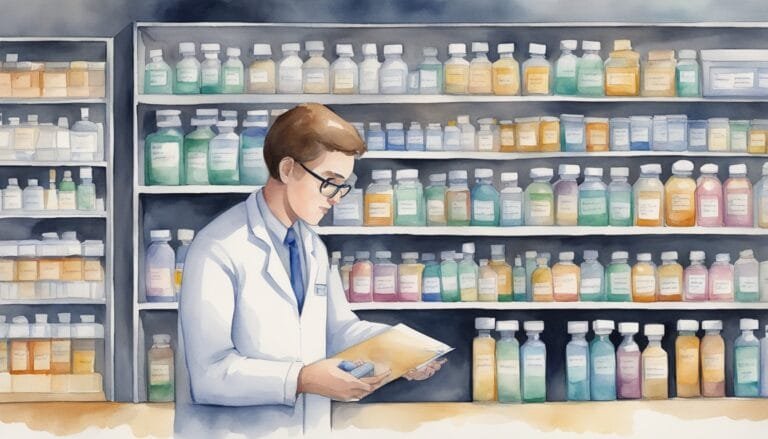 Pharmacist reviewing medication in pharmacy.