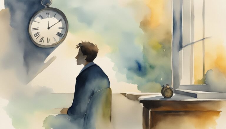 Man contemplating by window with large hanging clock.