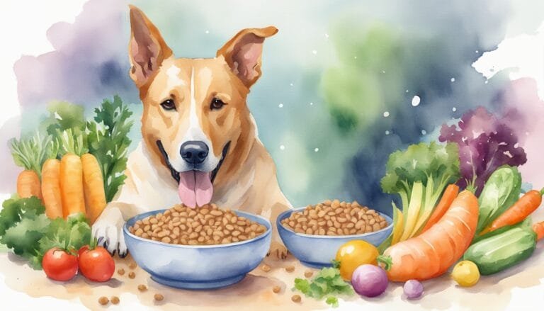 Dog with bowls of food and fresh vegetables.