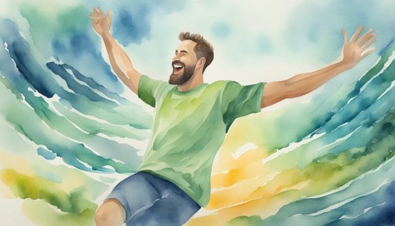 Joyful man celebrating in vibrant watercolor landscape.