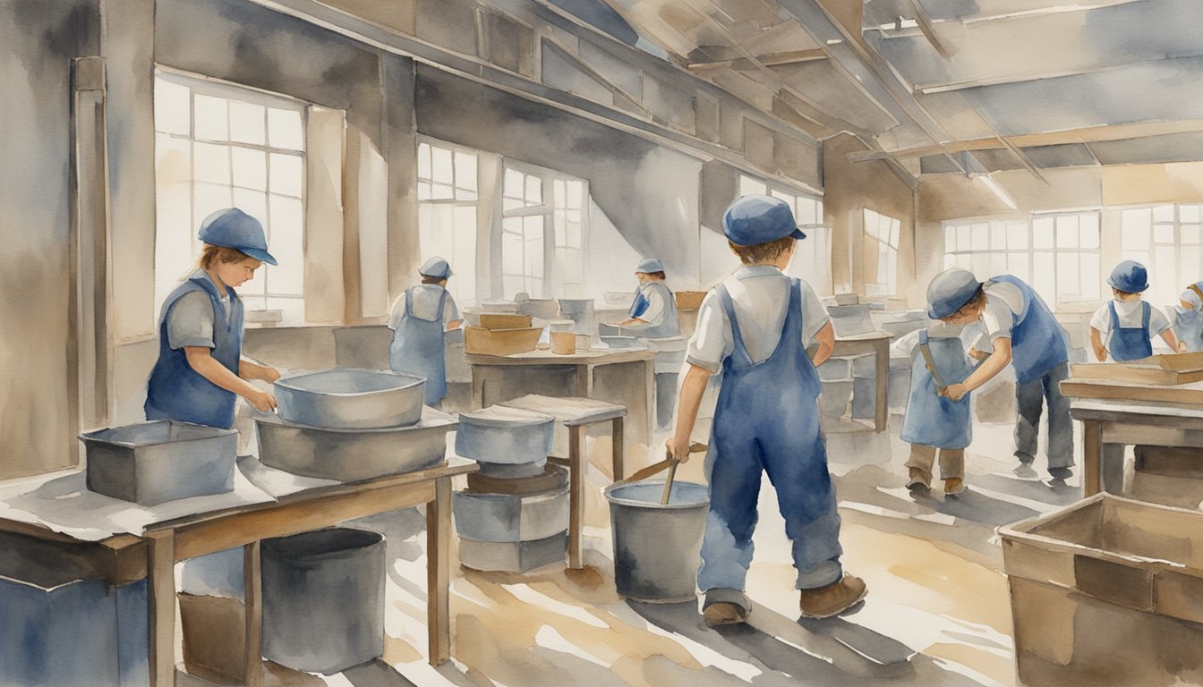 Workers in blue overalls busy in sunlit factory.