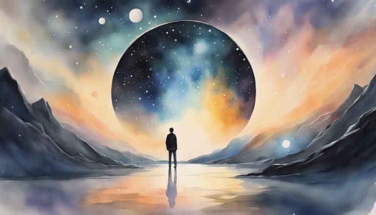 Man observing cosmic galaxy over mountainous landscape in watercolor.