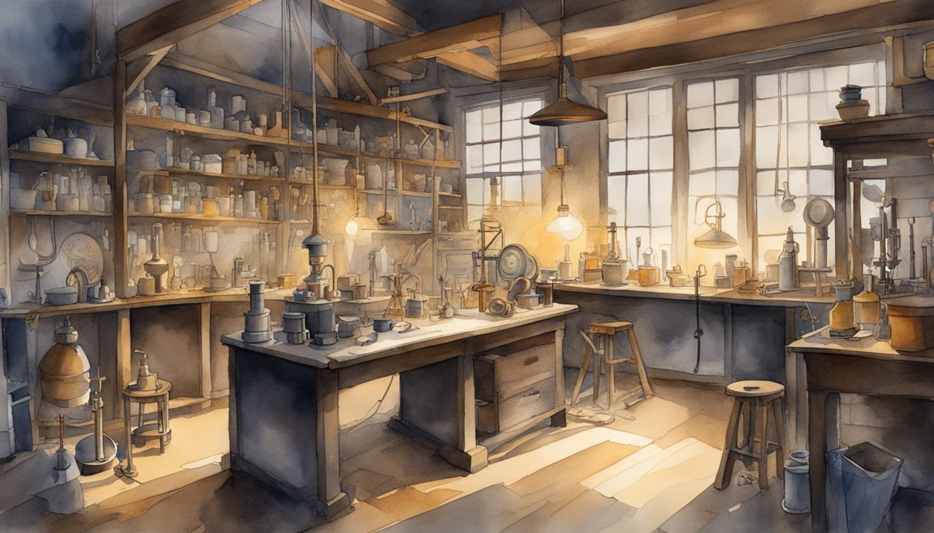 Vintage chemistry laboratory with shelves and equipment.