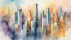 Colorful watercolor cityscape with misty urban skyline.