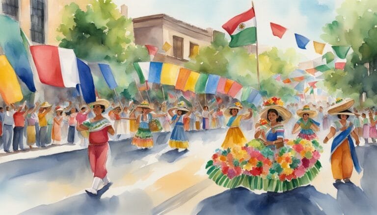 Colorful street parade with dancers and flags in watercolor.