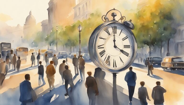 Watercolor city scene with pedestrians and large street clock.