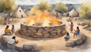 Watercolor of Indigenous people around a communal fire.