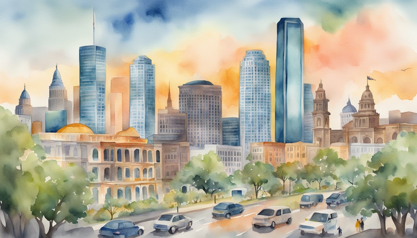 Watercolor painting of a busy cityscape at sunset.