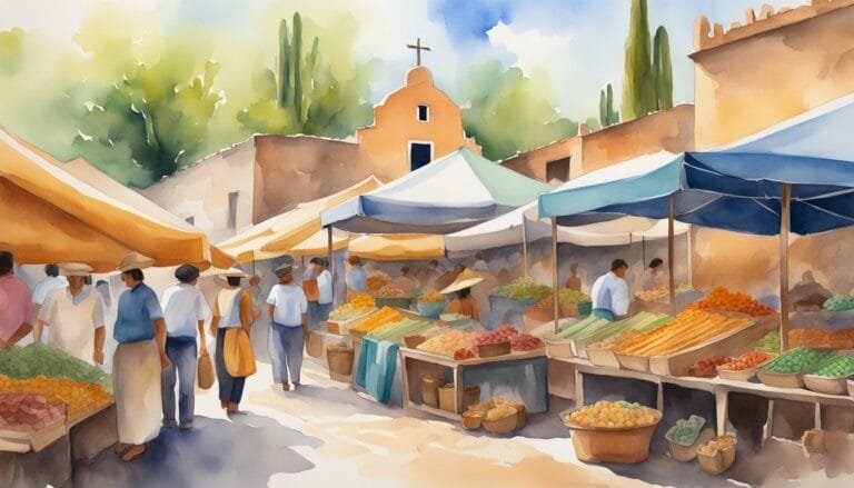 Vibrant outdoor market scene in watercolor.