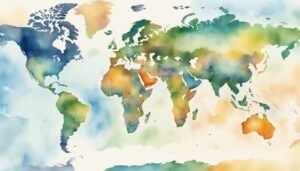 Watercolor world map in vibrant hues.