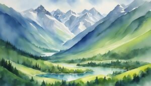 Watercolor painting of serene mountain landscape with lake.