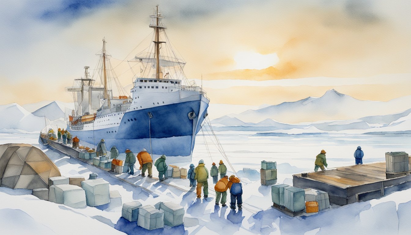 Workers unload supplies from ship in snowy Arctic landscape.