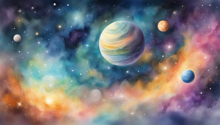 Colorful cosmic scene with planets and starry nebula.