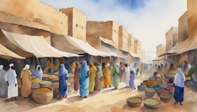 Watercolor painting of bustling traditional market scene.