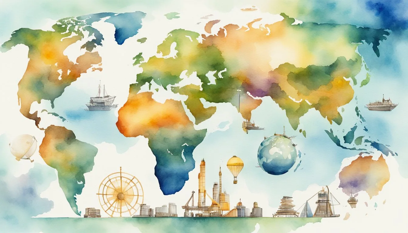 Watercolor world map with iconic landmarks and ships.